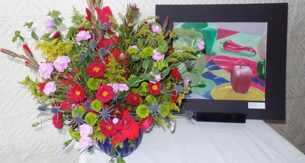 Walpole students presenting artwork at Art in Bloom