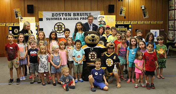 Bruins mascot Blades visits Needham Library