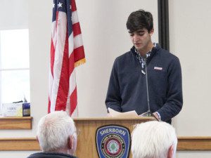 Dover Sherborn High School student, Oliver Asaker, presents his essay on what Veterans Day means to him at the annual celebration for the town’s veterans.
