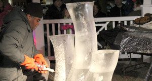 Ice sculptor, Sam Sannie, creates frozen art for Medfield to enjoy at the annual Holiday Stroll and tree lighting event.