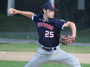Andrew Kelly (25) fires in a strike for Westwood Post 320 Legion during the bottom of the first inning on Sunday night against Needham. 