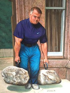 After becoming the first-ever American to lift the world-famous Dinnie Stones in 1996, Frank Ciavattone commissioned this painting by Jim Sanders of the history-making lift in 1998.