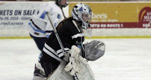 Sophomore goalie Kristin McCluskey (pictured) stands guard midway through the second period. 