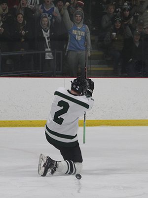 Senior captain/forward Conor Donohue (2) celebrates following his would-be game-winning power play goal midway through the second period of Westwood’s 2-1 quarterfinal victory over Bishop Feehan on Saturday.  Photos by Michael Flanagan