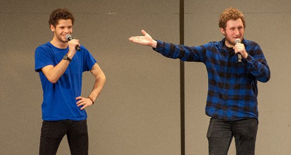 ‘The Two Mikes,’ Michael Koellner and Michael O’Leary, host A Cappella Night, which brought together groups from Medfield, Westwood, and Needham, among other towns.