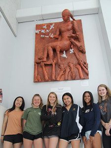 (Right to left) Michelle Despres, Maya Vogt, Kayla Talcoff, Hanna Levy, Izzy Mersky, and Helena Zhang with their sculpture, 'SPEAK!'