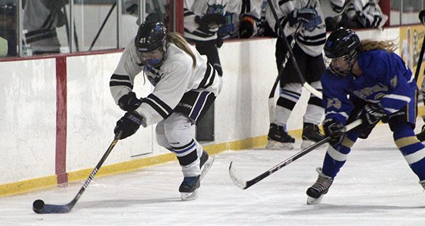 Kelly Bailey (2) chips the puck in the offensive zone on a dump-in.